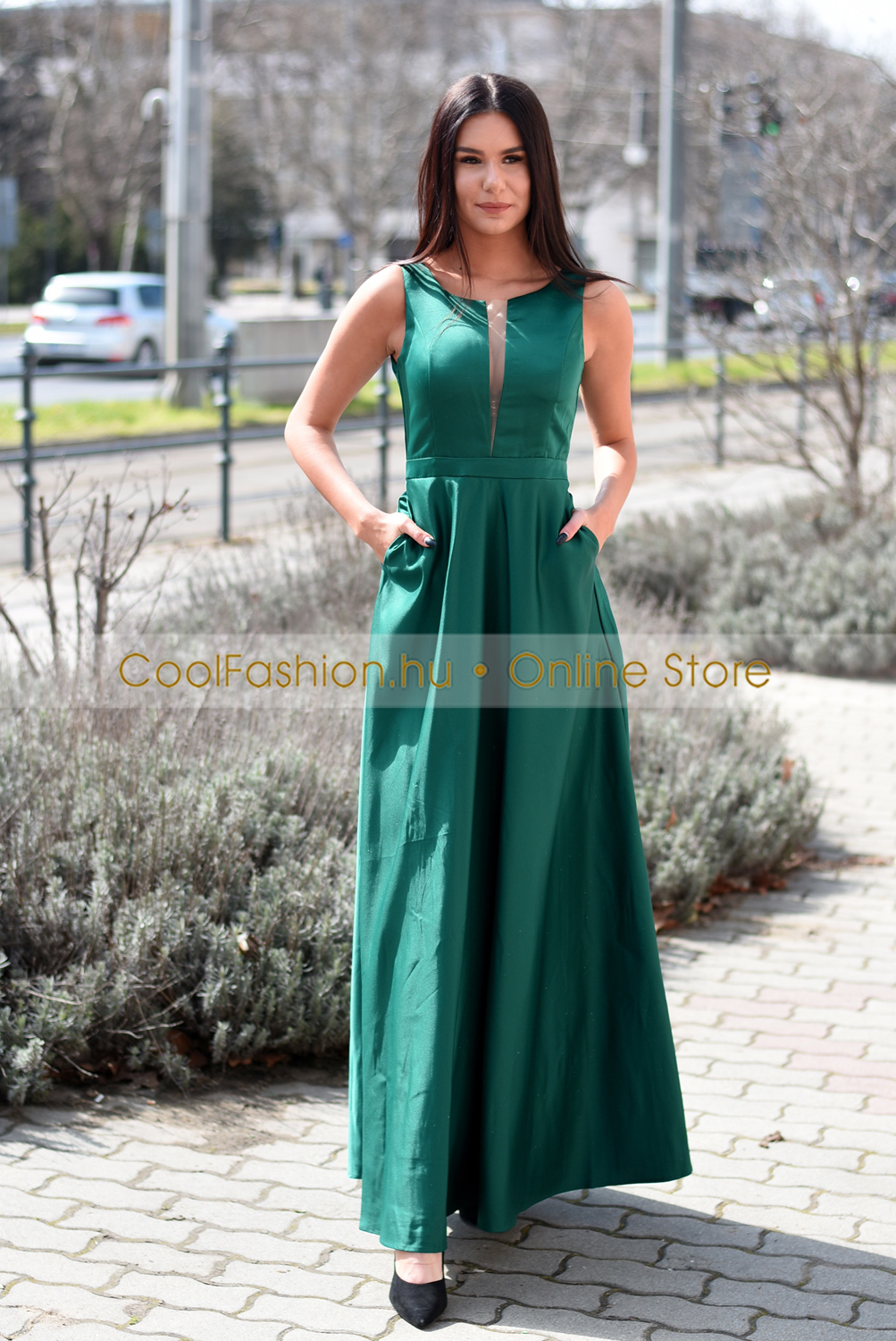 Stella smaragdzöld szatén maxi ruha