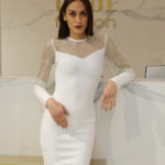 Fatime köves hálós ujjú fehér bandage ruha