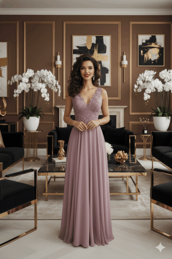 Csipkés flitteres mályvarózsaszín muszlin maxi ruha