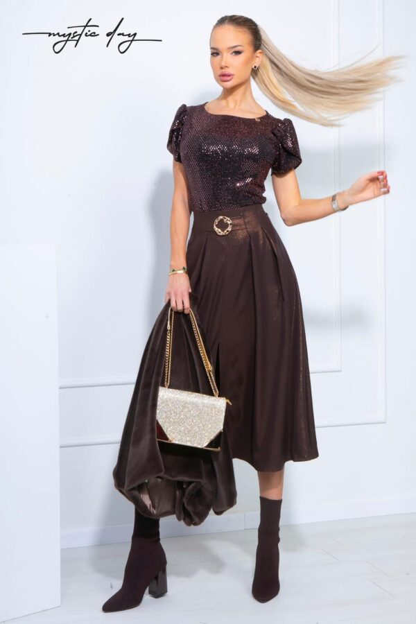 Mystic Day Frézia csokibarna csillogó midi szoknya
