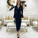 Kiara sötétkék tölcsér ujjú csavart midi ruha