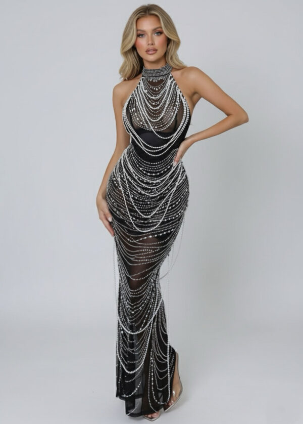 Gatsby fekete gyöngyfüzéres köves maxi ruha