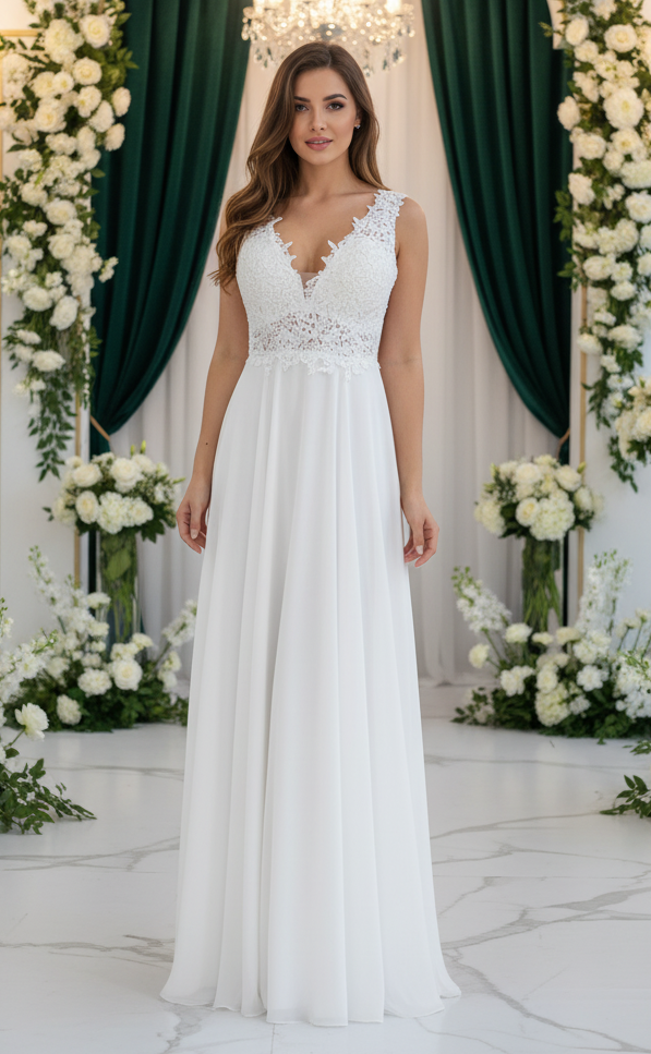 Csipkés flitteres fehér muszlin maxi ruha