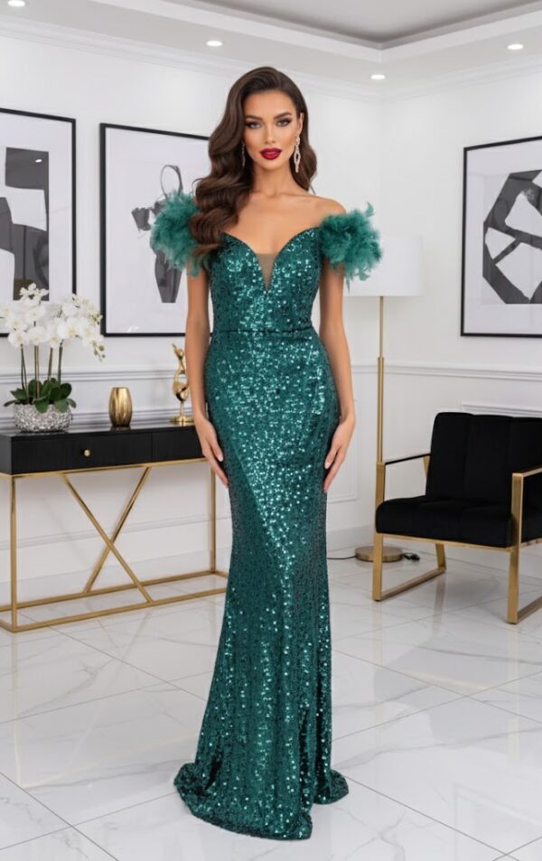 Bessy ejtett tollas vállú smaragdzöld flitteres maxi ruha