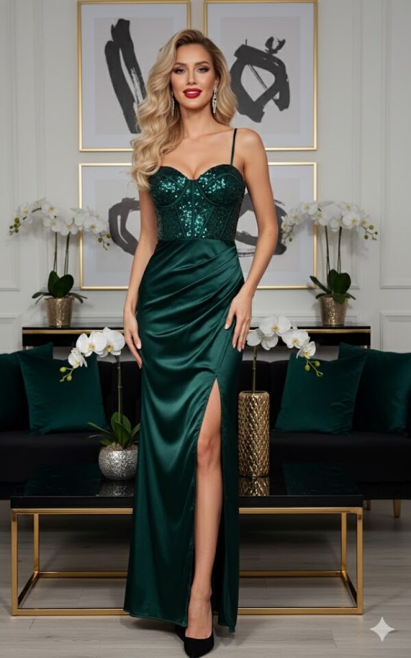 Zafir méregzöld flitteres szatén maxi ruha