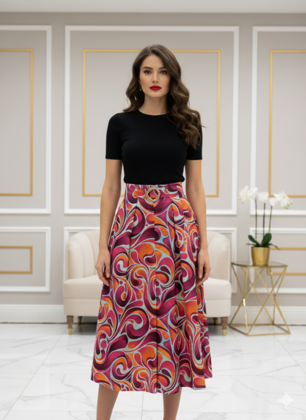 Mystic Day Frézia fuxia-narancs absztrakt mintás midi szoknya