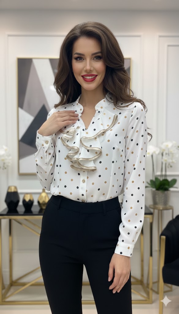 Yvett ekrü-színes pöttyös zsabós blúz