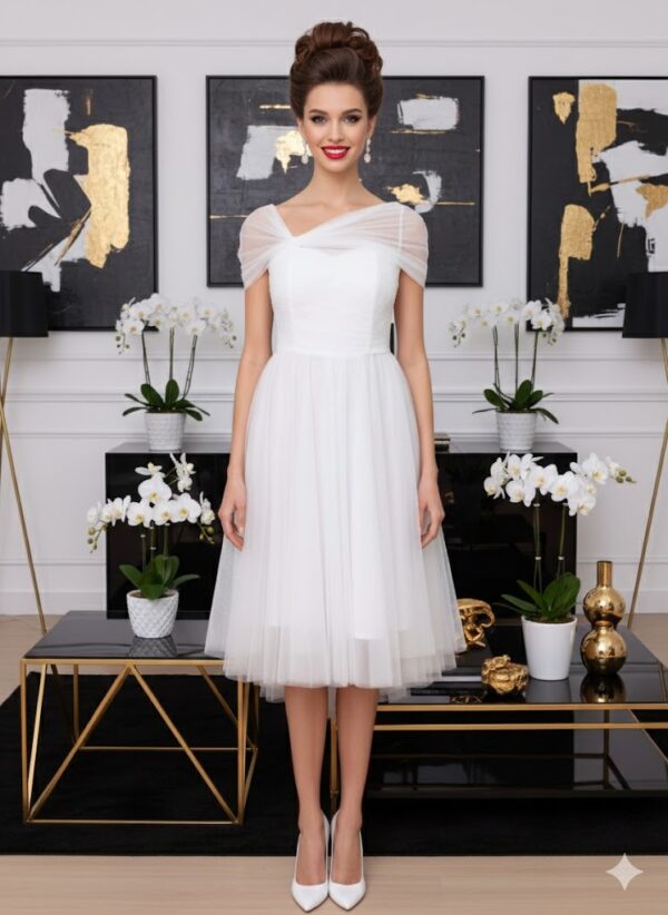 Andrea ekrü ejtett vállú tüllös midi ruha