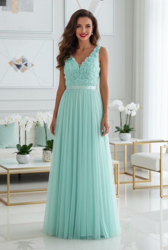 Selindra mentazöld rózsás maxi ruha