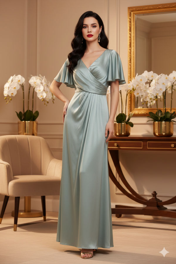 Magnolia cementzöld szatén molett maxi ruha