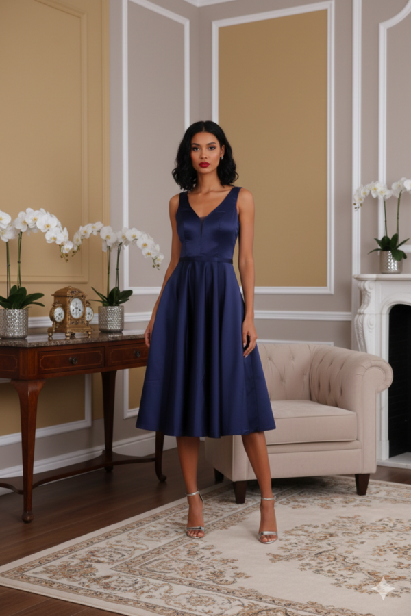 Riven sötétkék szatén molett midi ruha