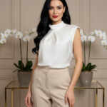 Lori ekrü ujjatlan szatén blúz