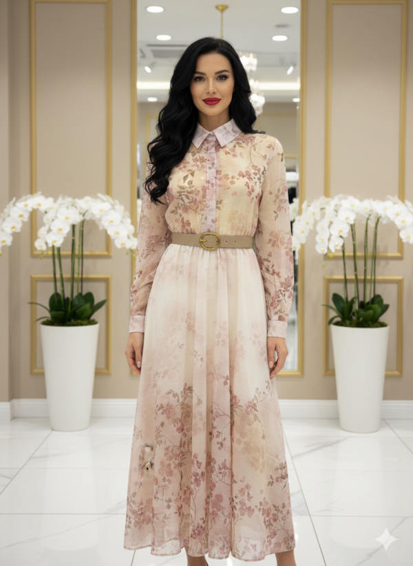 Unique babarózsaszín virágos midi ruha