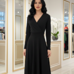 Mely fekete 3/4 ujjú midi ruha