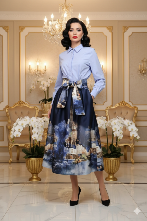 Metropole sötétkék város mintás midi szoknya