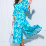 Mystic Day Gréti kék festett virág mintás 3/4 ujjú midi ruha