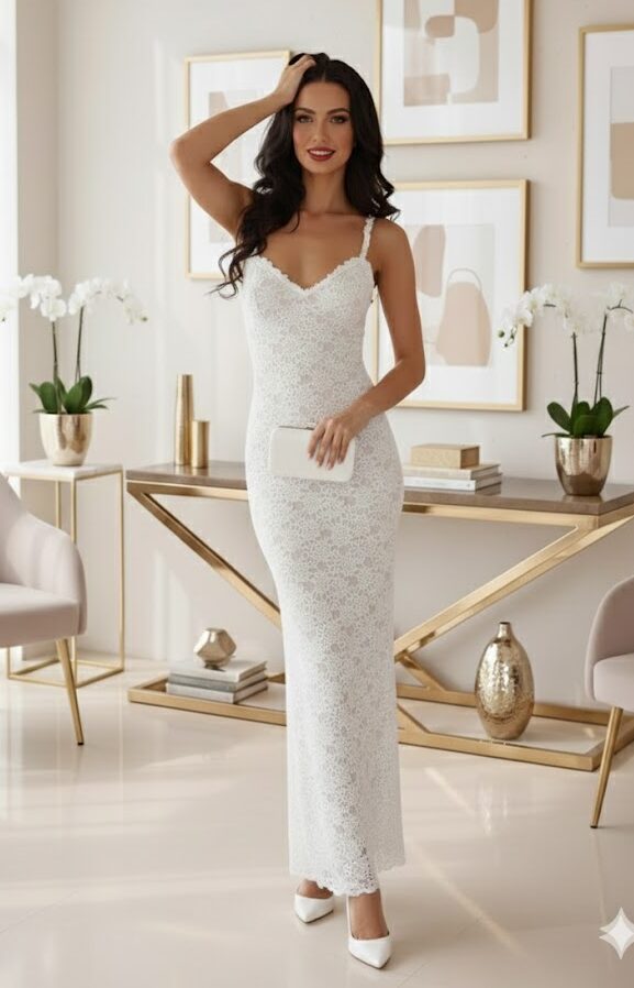 Greece ekrü csipkés maxi ruha