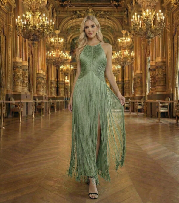 Ketrin pisztáciazöld rojtos maxi ruha