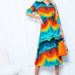 Mystic Day Gréti narancssárga színes mintás 3/4 ujjú midi ruha