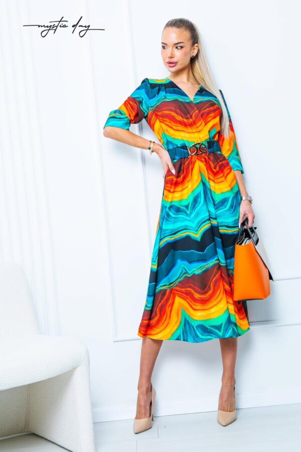 Mystic Day Gréti narancssárga színes mintás 3/4 ujjú midi ruha