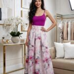 Zsebes lila virágos mintás maxi szoknya