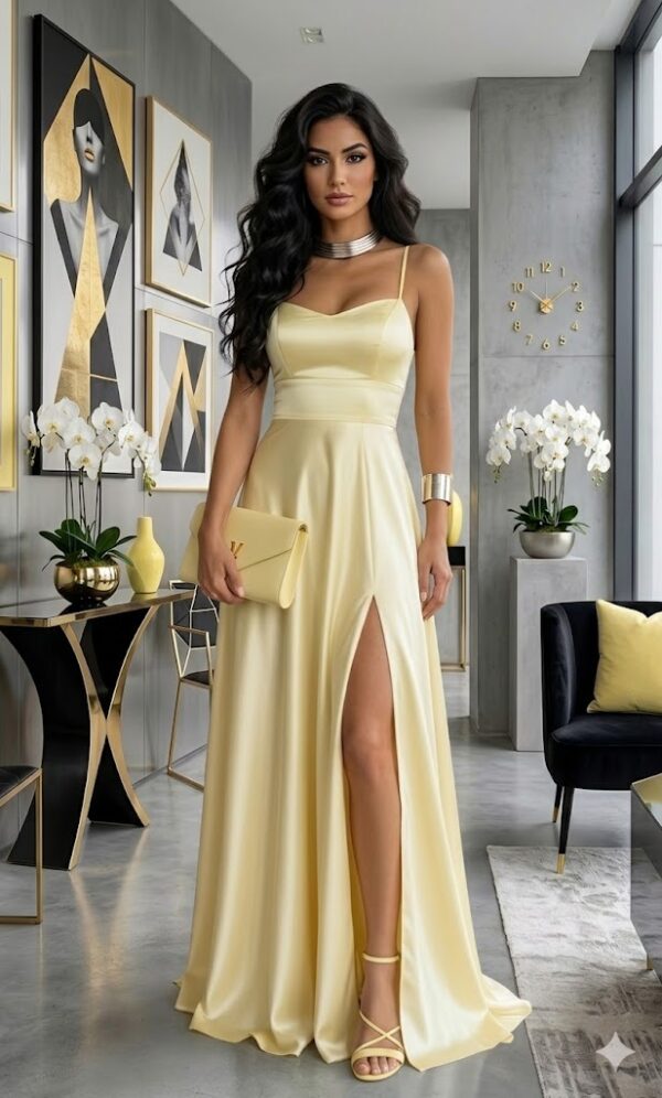 Sidney pasztell sárga fűzős szatén maxi ruha