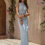 Evelira babakék szatén rojtos maxi szett