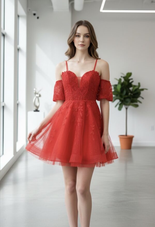 Miriel piros csipkés ejtett vállú fűzős hátú tüllös ruha