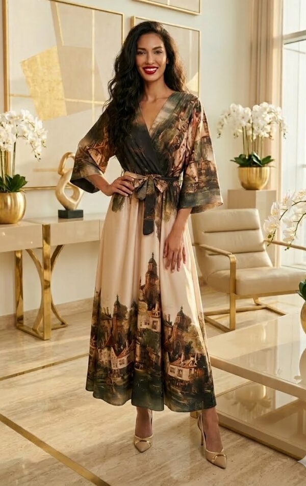 Lisa beige város mintás selyem midi ruha