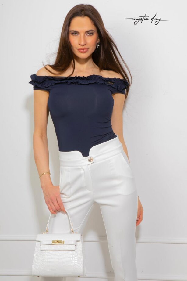 Mystic Day Sötétkék fodros ejtett vállú ujjatlan felső