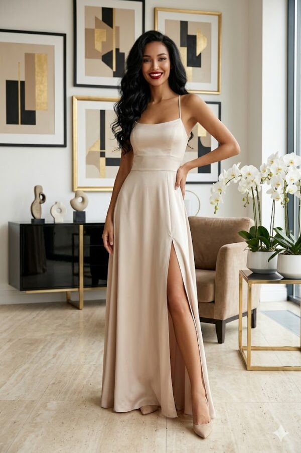 Sidney beige fűzős szatén maxi ruha