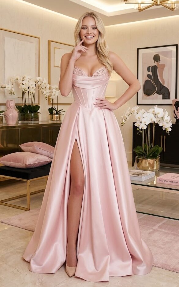 Lissandra púderrózsaszín pánt nélküli szatén maxi ruha