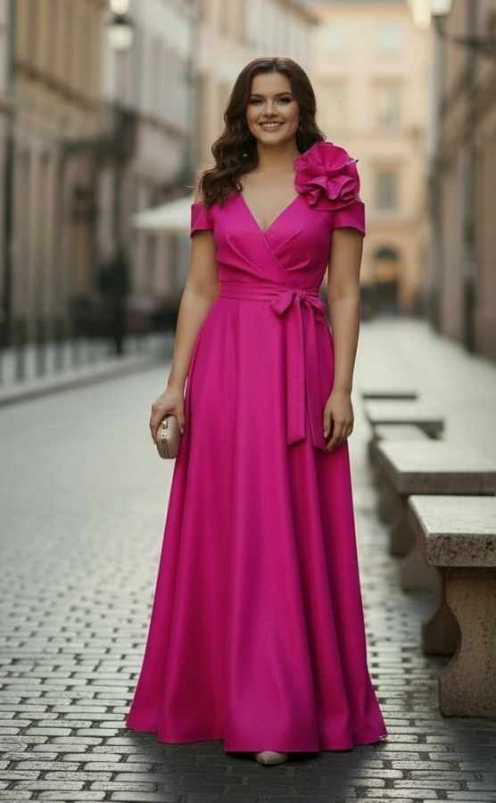 Bosca Gala flower fuxia csillogós molett maxi ruha