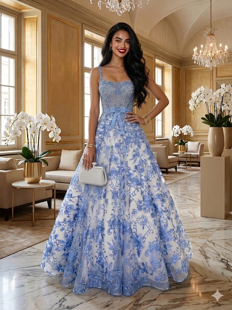 Izabell babakék hímzett A vonalú maxi ruha